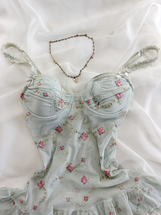 Rare Floral Embroidered Blue Babydoll Top