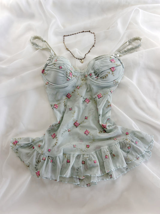 Rare Floral Embroidered Blue Babydoll Top